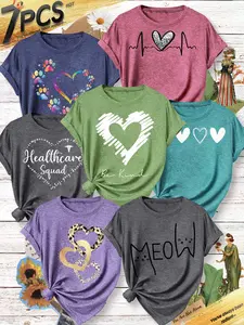 Women's 7-Piece Crew Neck T-Shirt Set, Heart & Slogan Series Print, Multiple Colors Available, Machine Washable, Spring & Summer Top, Soft Skin-Friendly Fabric, Daily Versatile, Fashion Design