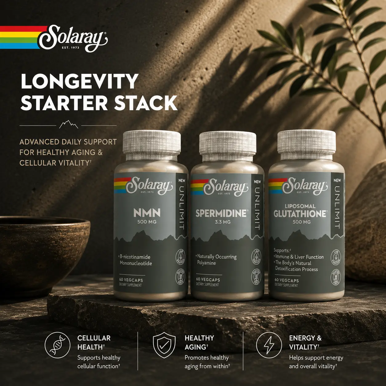 Solaray Longevity Starter Stack – NMN 500mg + Spermidine 3.3mg + Liposomal Glutathione 500mg – 30-Day Cellular-Aging Routine