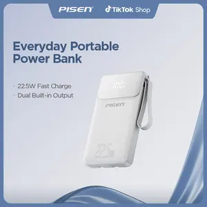 Pisen Power Bank 10000mAh 20000mAh 22.5W Portable Charger with LED Display & Built-in Cable for iPhone Samsung Compact Travel Battery Pack