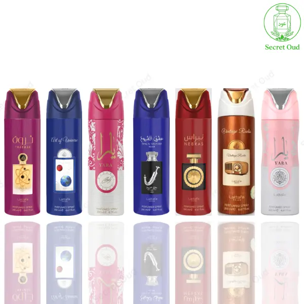 Tharwah Gold Deodorant + Art Of The Universe Deodorant + Yara Candy Deodorant + Ishq Al Shuyukh Silver Deodorant + Nebras Deodorant + Vintage Radio Deodorant + Yara Deodorant -- 7 Piece Bundle