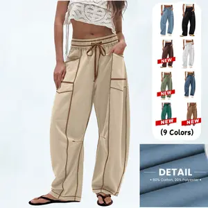 YeeZaa Women Drawstring Barrel Sweatpants 2025 TikTokShopHolidayHaul Christmas High Waisted Patch Pockets Wide Leg Solid Baggy Pants Smocked Elasticated Waistband Lounge Womenswear 2025 Fall Fashion Bottom Style Wideleg Clothes
