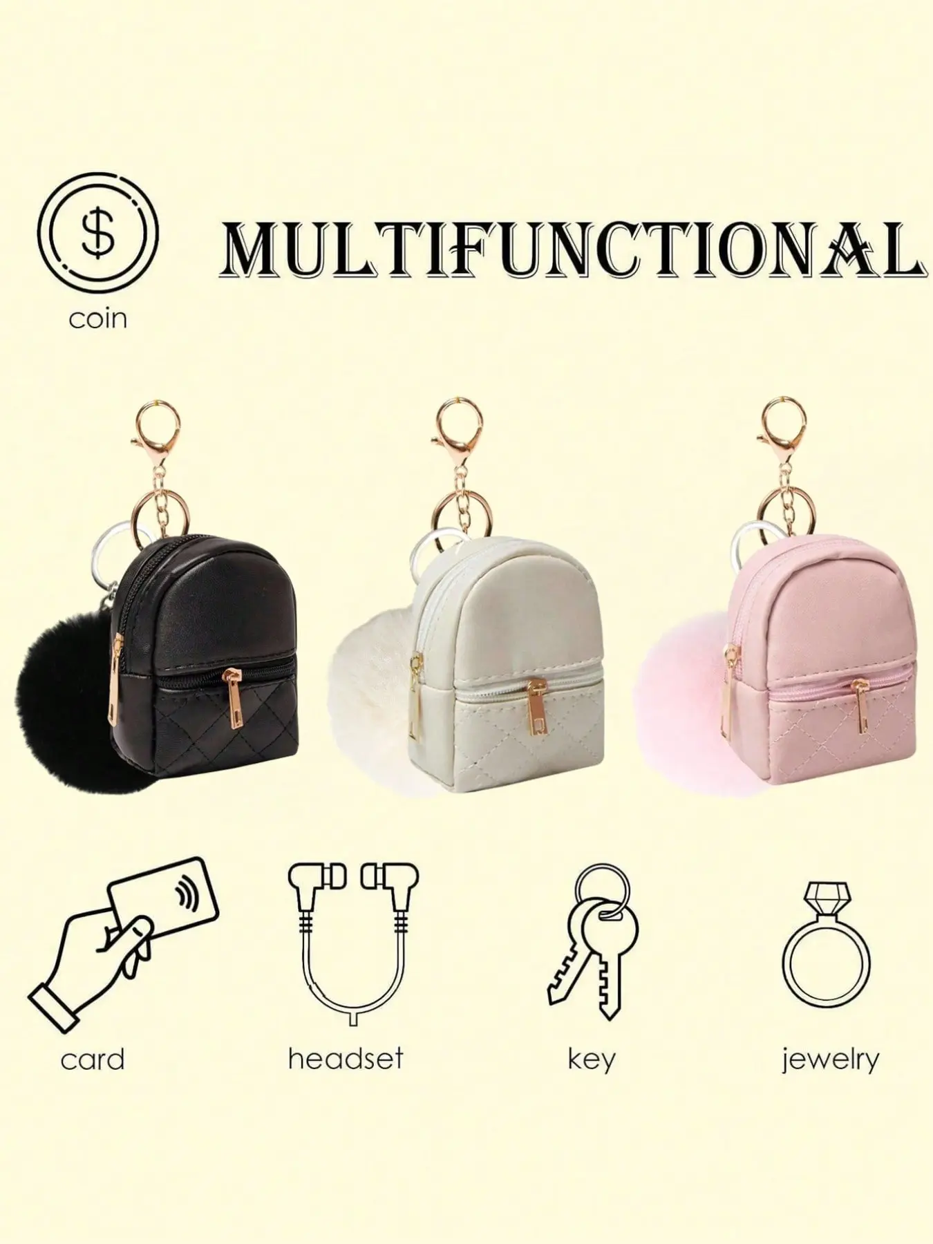 Mini Backpack Keychain with Cute Plush Ball Charm, Women's Adorable Makeup Bag Keychain, Small PU Makeup Bag Accessory, Unisex Keychain
