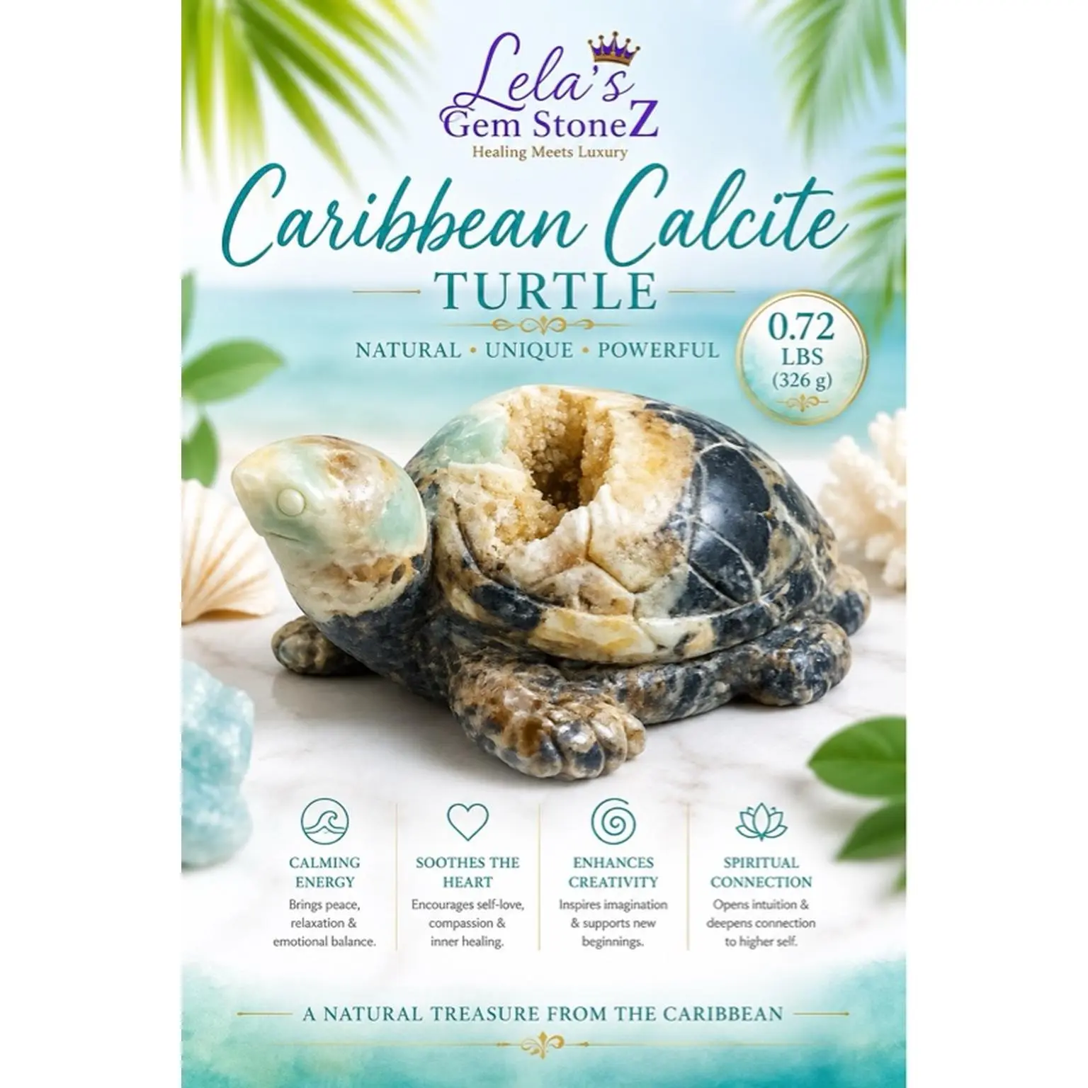 Lela's Gem StoneZ Caribbean Calcite Turtle with Natural Druzy Geode Hand Carved 0.72 lbs Polished for Home Office or Crystal Collection