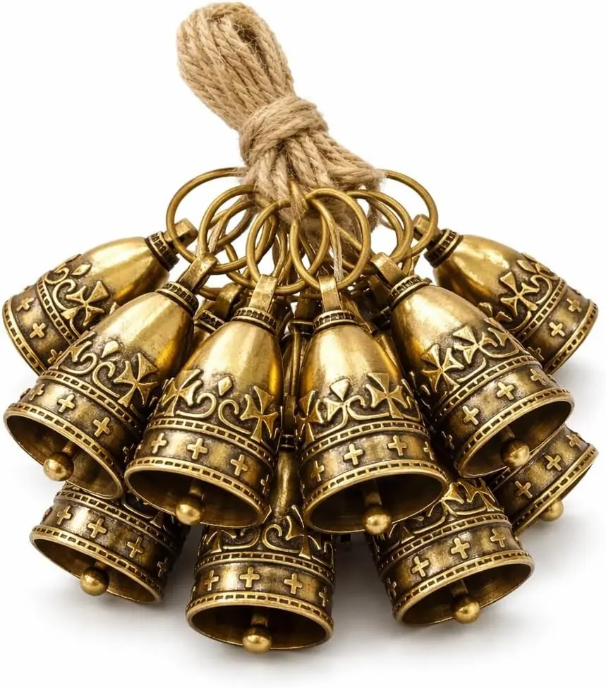 10PCS Handmade Brass Bells with Jute Twine, Rustic Decorative Small Bells for Crafts, Wreaths, Gift Wrapping, Christmas Decor, Wedding and Church Decorations