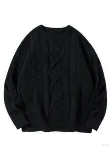 FallFreshness Beige White Unisex Cable Knit Sweater Casual Textured Drop Shoulder Long Sleeve Jumper for Men Women Crewneck Knitwear