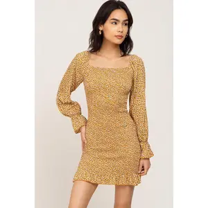 Yellow Ditsy Floral Smocked Long Sleeve Mini Dress