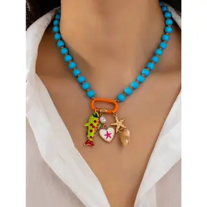 Lime Yellow Beaded Charm Necklace for Women, Enamel Italian Scooter Pendant Necklace, Boho Vacation Statement Fashion Jewelry