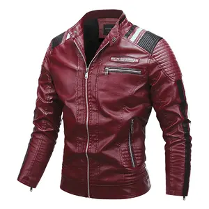 Men's Wine Red PU Leather Motorcycle Jacket -- Contrast Trim Details, Multiple Zippers, Street & Biker Style Personalized Jacket