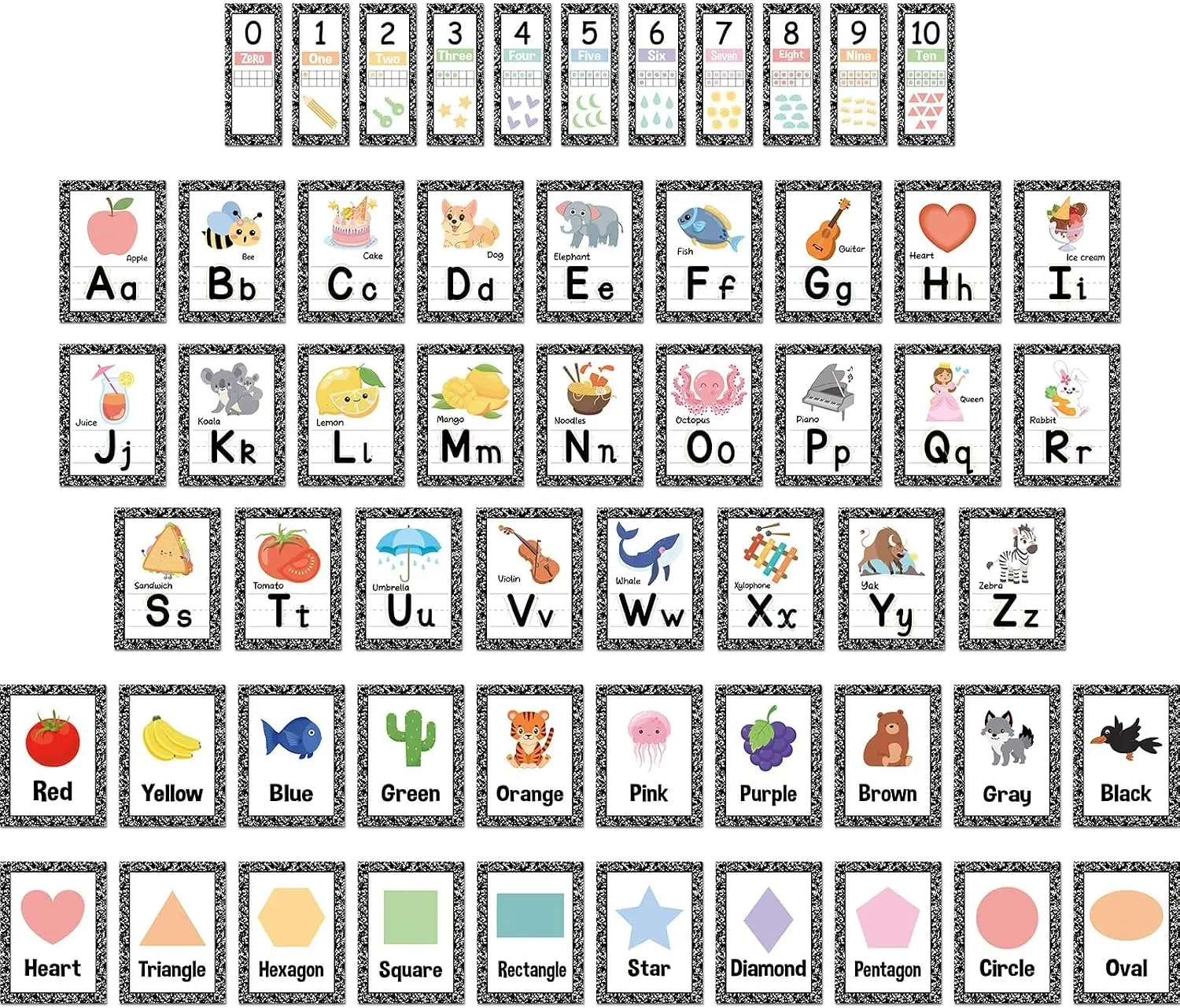 57 Pcs Alphabet for Classroom Wall ABC Alphabet Poster Letters Number line Colors Shapes Wall Chart Cards Bulletin Board Decorations for Back to School Classroom Decor