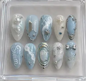 BTS Ocean Blue Press On Nails | Silver Chrome Kpop ARMY Nails | 3D Jelly Wave Fake Nails | Handmade Reusable Gel Nails