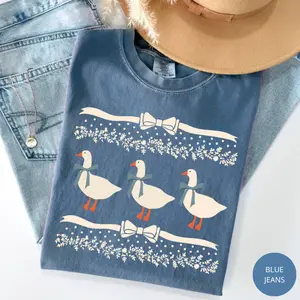 Comfort Colors 1980s Blue Ribbon Goose T-Shirt, Vintage Goose with Hearts Tee, Cute Bow Doodle Animal Shirt, Duck Lover Gift, Retro Graphic Tee