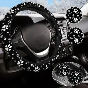 Paw Print Steering Wheel Cover for Women Men with 2 count  Coasters, Universal 14.5-15 Inch Cute Steering Wheel Covers Non-Slip  Accessories for Girls