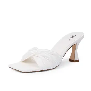 [QIY]Mule Heels for Women Mid Heel Square Toe Heeled Sandals Summer Bridal Wedding Shoes
