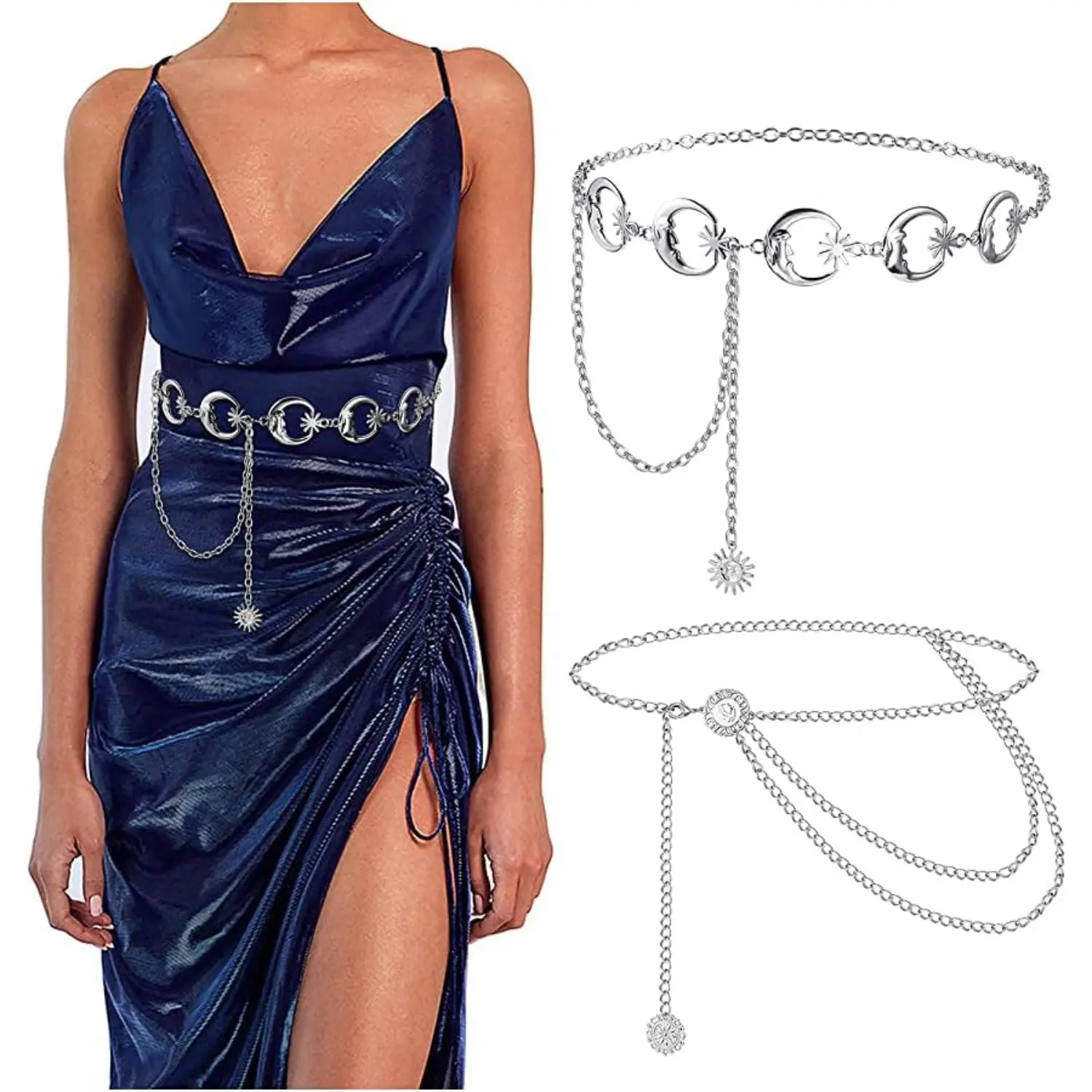 FIASASO 2PCS Waist Chain for Women Girls Chain Belt Metal Link Adjustable Body Chain Belly Chain Silver Gold Summer Beach Body Jewellry