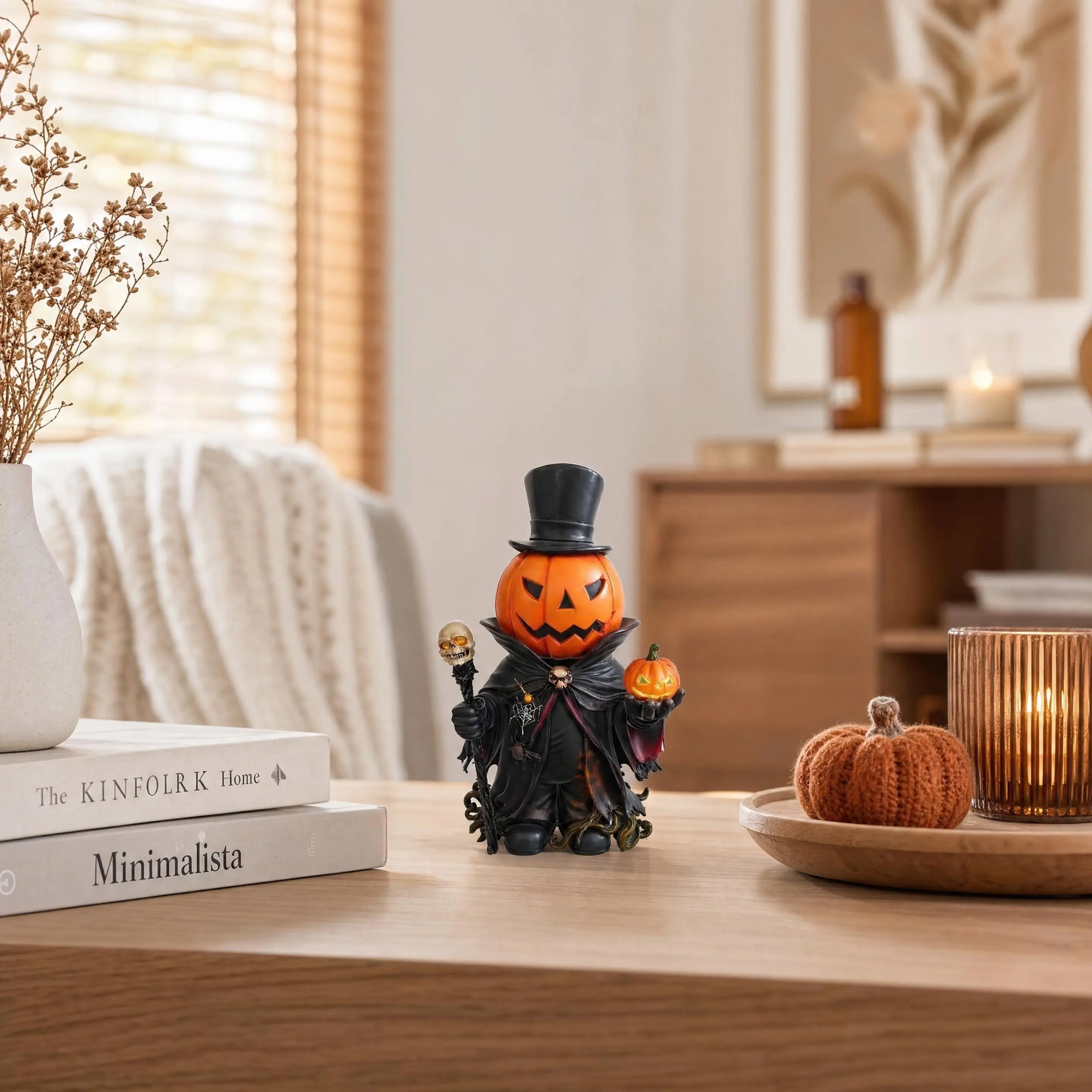 Gothic Gentleman Pumpkin Resin Figurine, Spooky Pumpkin Head Wizard Statue for Fall Home Halloween Party Decor