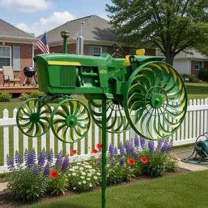 Garden Wind Spinner, Green Tractor Shaped Windmill Stake with Rotating Wheel, Unique Outdoor Sculpture Decor for Patio Yard Garden, Perfect Gift for Family and Friends