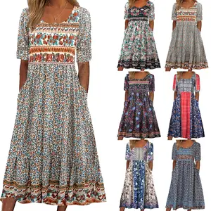 Women's Casual Summer Boho Floral Print Dress V Neck Short Sleeve High Waist Long Maxi Beach Dresses