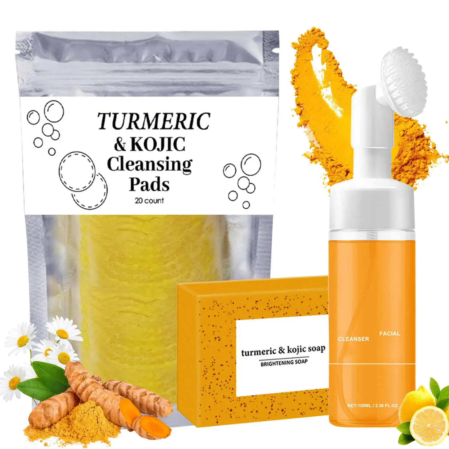 turmeric soap Turmeric Wash and Care Three Piece Set,Tuemeric Facial Cleanser & Turmeric Soap Bar & Turmeric Face Scrub Pads,Turmeric Cleansing Skincare Set,Deep Cleansing