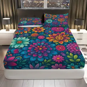 3Pcs Vibrant Floral Print Bohemian Fitted sheet Three Piece Set (1*Fitted Sheet+2*Pillowcases, Coreless), Spring theme, Blooming Flowers Bedding Set, Mattress protector Soft, Breathable, Bed Sheets Set