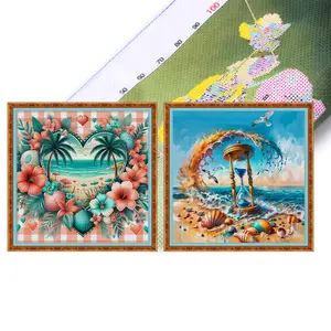 2pcs Full Embroidery Eco-cotton Thread 11CT Printed Beach Cross Stitch 45x45cm
