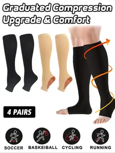4 Pairs Open Toe Zipper Compression Athletic Socks, 15-20mmhg Moderate Support, Knee-High for Women & Men, Pregnancy & Nursing