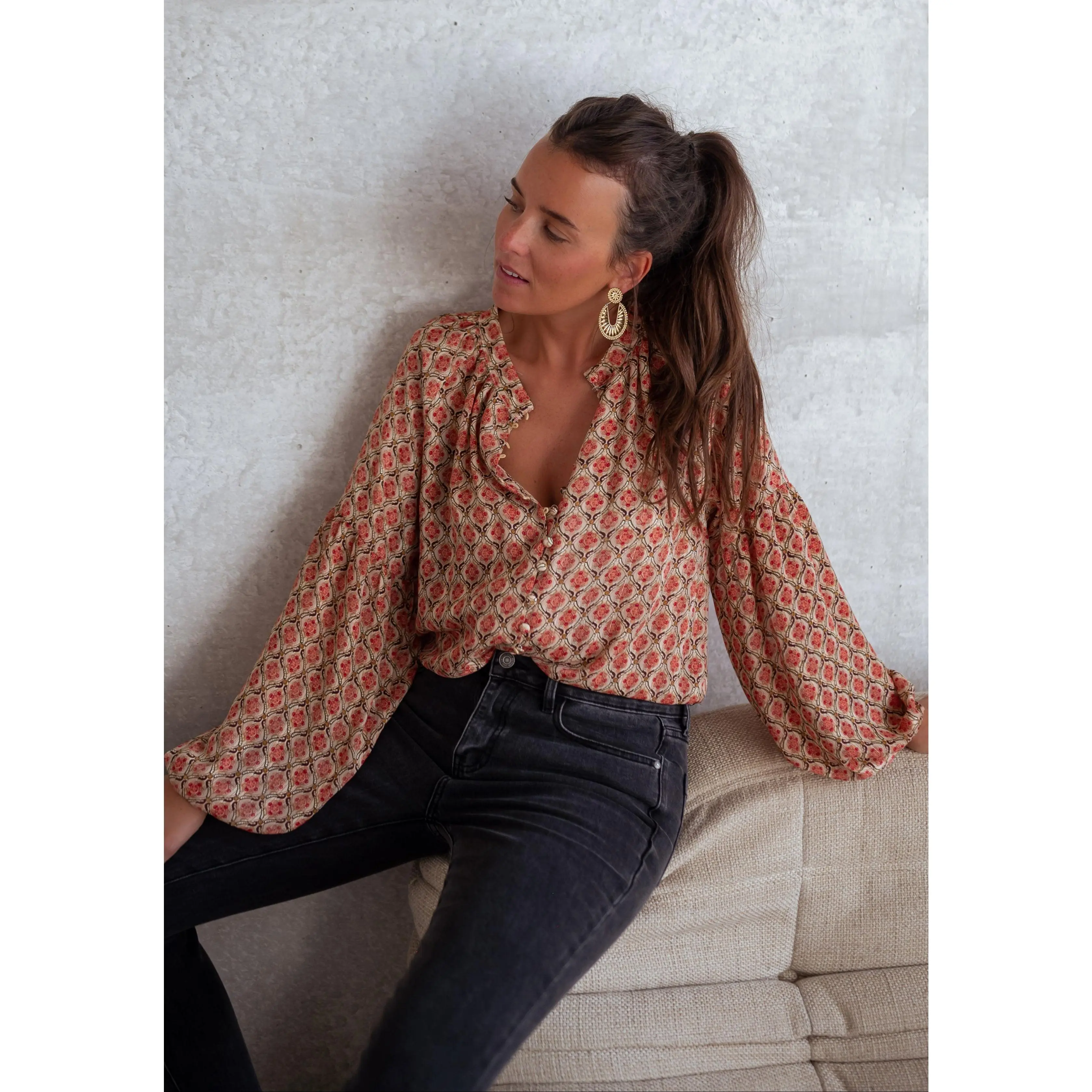 EASY CLOTHES Women's Patterned Tiffany Blouse, Polyester Shirts with Balloon Sleeves