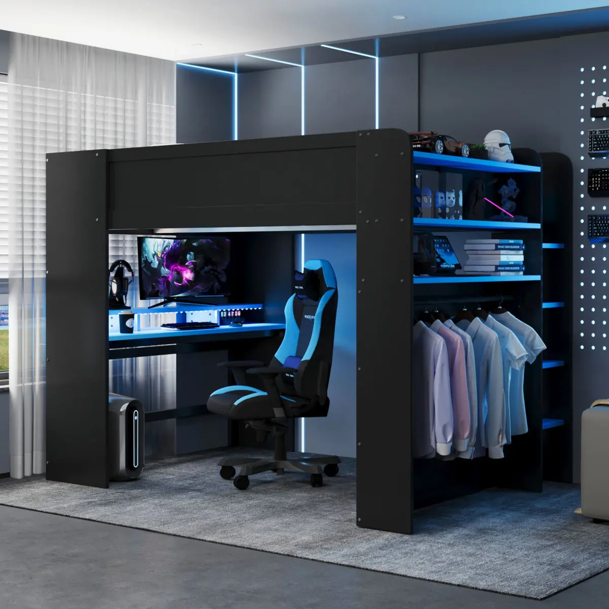 Blue Full-Size Wood Gaming Storage Bunk Bed - For Gaming Setup, Built-In Station, Height-Adjustable Desk, Wardrobe, Ample Storage, Color Changing RGB Lights, USB Port, 185 lbs Capacity, 85.4''L x 57.3''W x 65''H (Old SKU:LT000266AAC), Built-In Gaming Stat