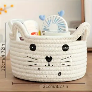Charming Cat Face Storage Basket - Woven Cotton, Space-Saving Organizer for Dorm, Bedroom & Office - Versatile Desktop Sorter for Everyday Use