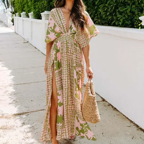 Women's Floral Print Deep V-Neck Split Hem Loose Dress, Boho Style Floral, Elegant Chic Casual Wear for Summer, Ladies Clothes for Beach Vacation, Casual Boho Dress