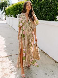 women's floral print deep v neck split hem dress, elegant casual dress for summer, bohemian ladies clothes for beach holiday vacation, womenswear, boho clothes women, boho earthy girl clothes