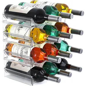 Plastic Water Bottle Organizer and Wine Rack Storage Holder,4 Tier 12 Containers Stackable Free-Standing Bottle Storage Rack for Kitchen Countertops, Table Top, Pantry, Bars, Cabinets, Fridge - Clear