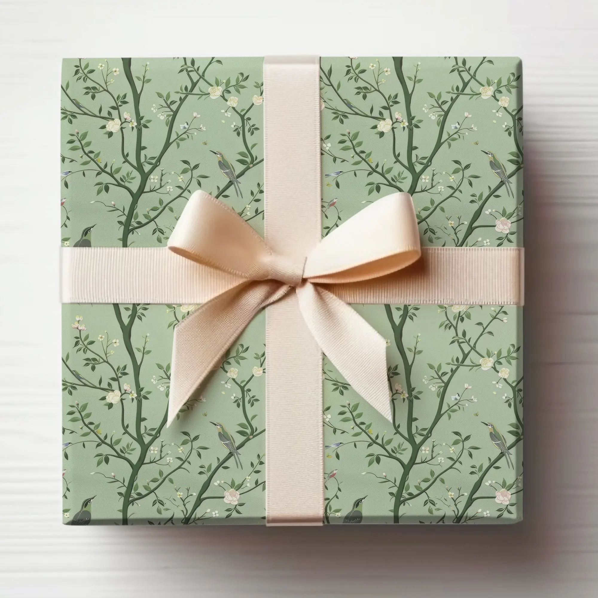Sage Green Chinoiserie Wrapping Paper Roll, Sage Green Wrapping Paper, Sage Green Gift Wrap Delicate Branches With Birds
