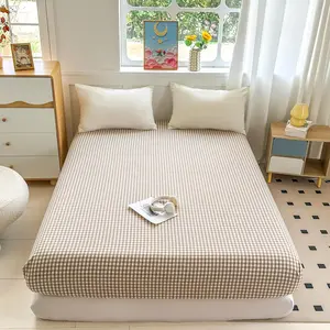 Tan Gingham Fitted Sheet  Only Deep Pocket 16 Inch  Washed  Beige Plaid Checkered Bottom Sheet,Soft,Breathable,Easy Care