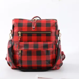 MONOBLANKS Red Checkered Backpack - Vintage School Bag with Laptop Sleeve | Durable & Stylish