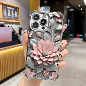 Pink and Silver Floral Pattern, Silver Electroplated Four-Corner Shockproof Phone Case, Suitable for iPhone 17/16/15/14/13/12/11 Plus Pro Pro Max, Fashionable and Noble, Ideal Gift Choice, Fashionable Protective Case, Gift for Her, Fashionable Phone Case,