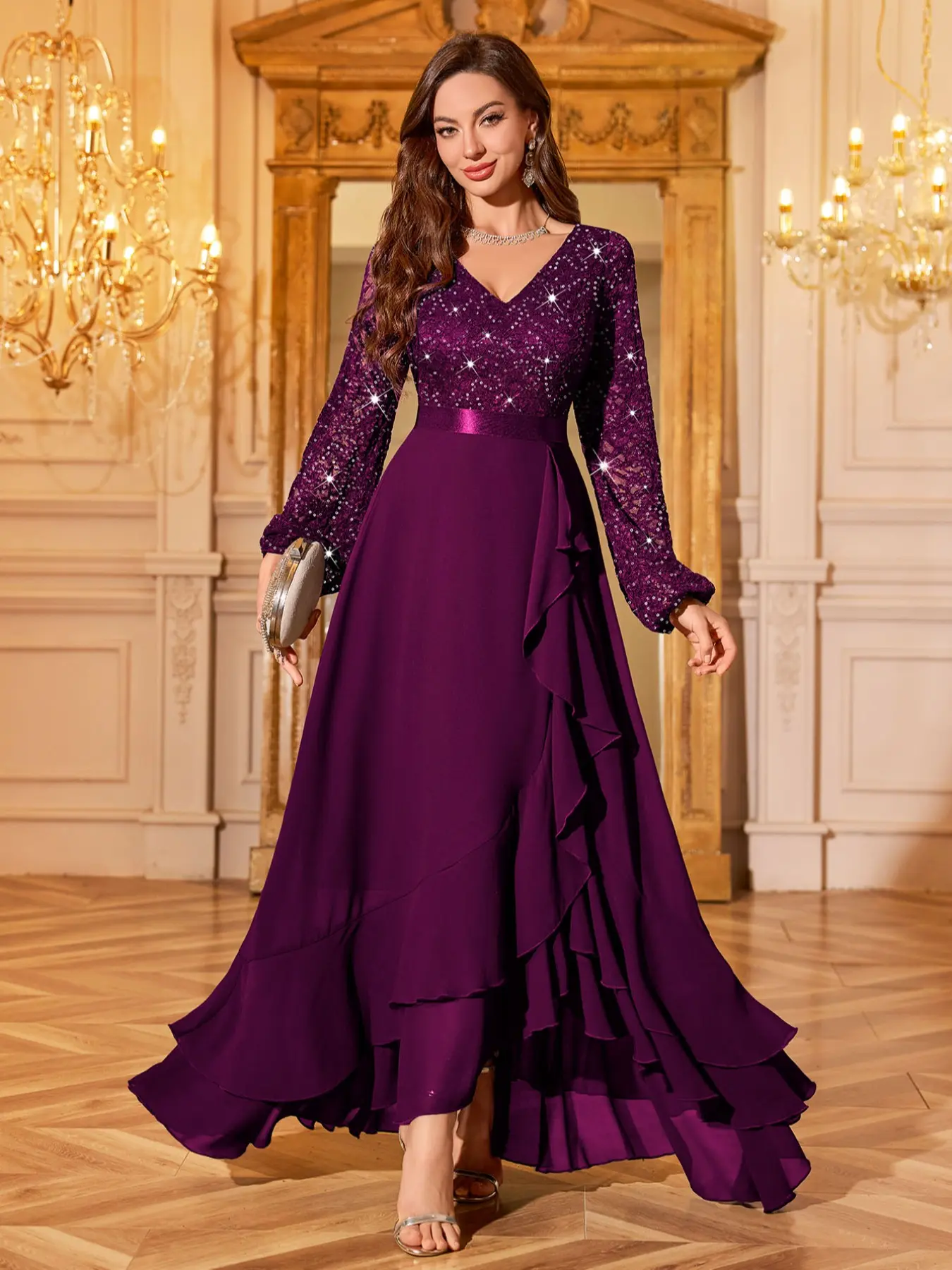 MIUSOL 34017A Sequin Glitter Floral Lace Chiffon V-Neck Long Lantern Sleeve Ruffle Hem Formal Party MIUSOL 34017A Sequin Glitter Floral Lace Chiffon V-Neck Long Lantern Sleeve Ruffle Hem Formal Party