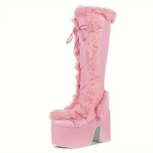 Women's Knee-High Boots Side Zipper Warm Faux Fur Thick Sole Chunky Heel Punk Gothic Style Winter Snow Boots Girl Walking Shoes
