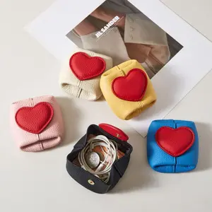 Heart Bear Buckle Top Layer Cowhide Mini Storage Bag, Portable Earphone Coin Wallet, Multicolor Small Items Organizer, Headphone Storage