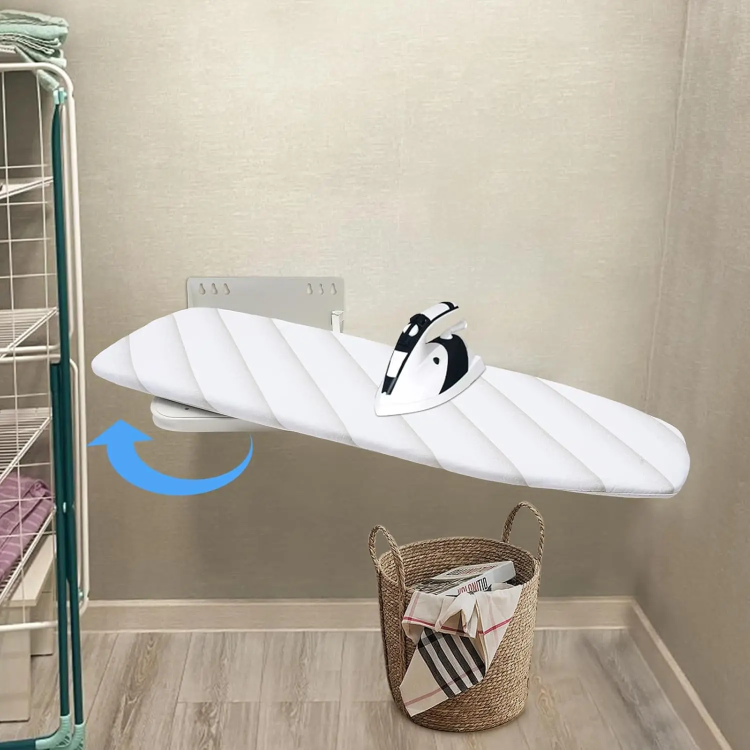 Wall Mounted Ironing Board 180° Swivel Iron Board with Heat Resistant Cover Folding Ironing Board Wall Ironing Board for Home Laundry Room, 37.4 * 7.55 in Steel White
