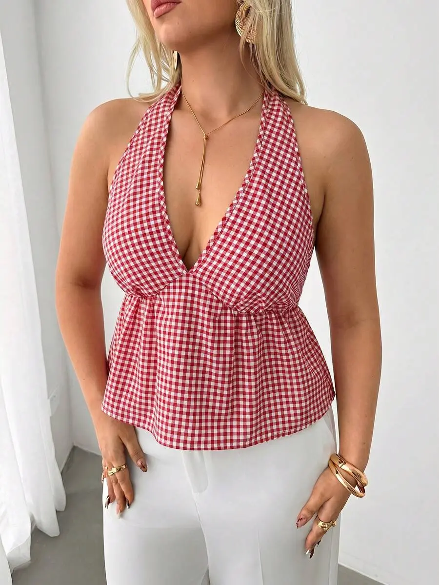Women's Cute Red And White Plaid Halter Neck Blouse,Plus Size Summer Picnic Peplum Top,Elegant V-Neck Backless Tie Strap Shirt For Office Vacation
