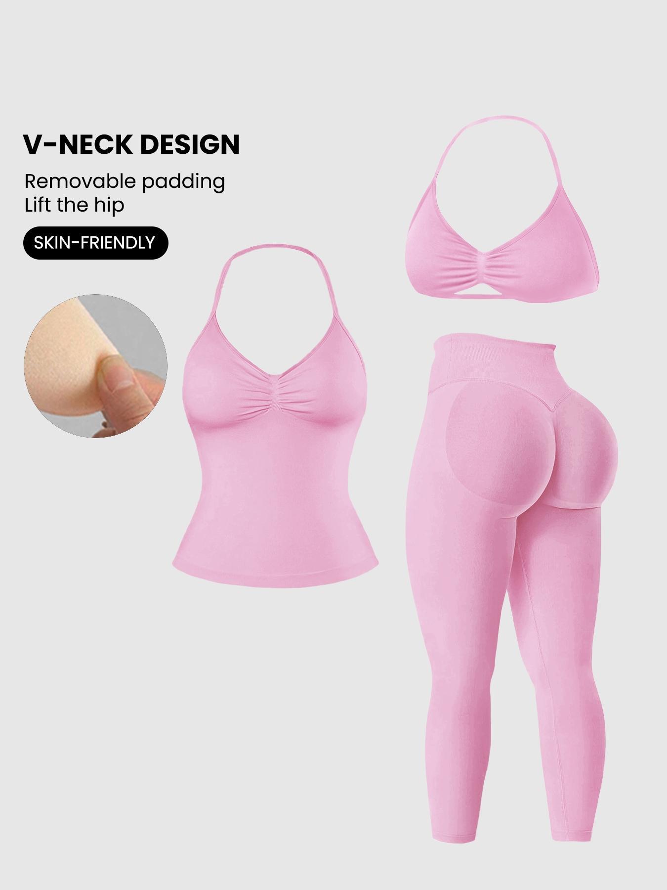 Women'S Halter Top + Sports Bra + High Waist Tight Pants 3 Piece Set, Detachable Pads, Butt Lifting, Abdominal Support, Yoga Fitness Daily Wear