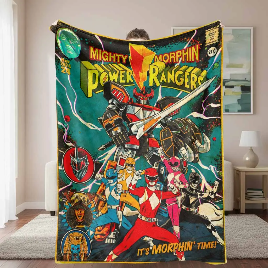 Retro Superhero Robot Team Flannel Blanket Vintage Comic Mecha Warrior Print Soft Warm Lightweight Cozy Throw for Sofa Bed Dorm Movie Night Gaming Gift