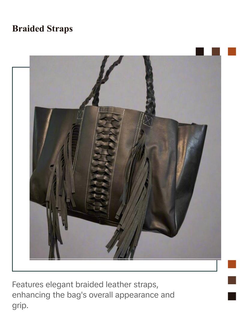 Untammed Traveler Weekender Bag - Leather Tote with Braided Straps & Fringe - Spacious Inside Pocket - Black Brown Red Options