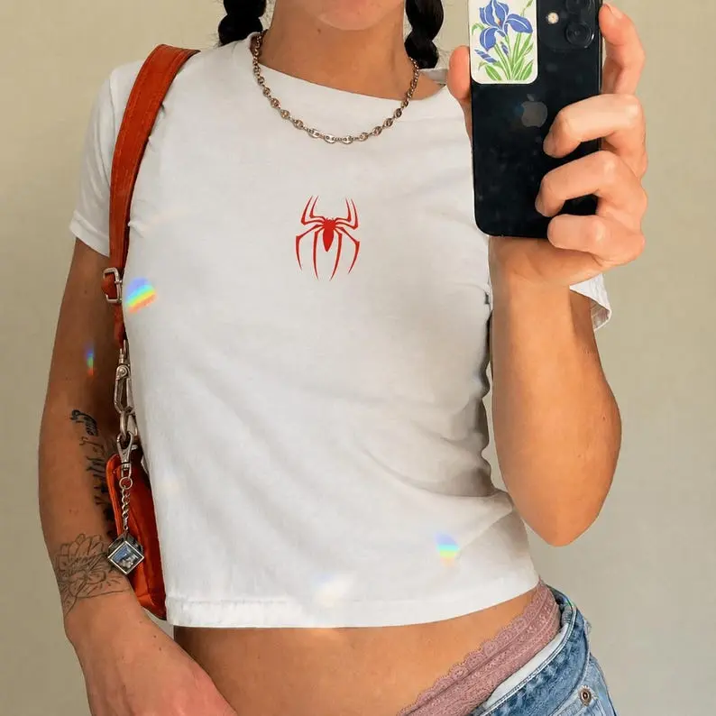 Women's Red Spider Graphic Crop Top - Heavy Cotton Ribbed Short Sleeve Crew Neck Fitted Cut Vintage Grunge Aesthetic Tee Gift for Women