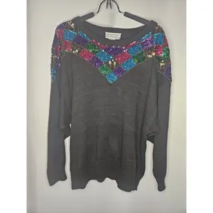 Vintage PK Elliot Plus Sweater 2X Black Sequins Pullover Casual Knit Grannycore
