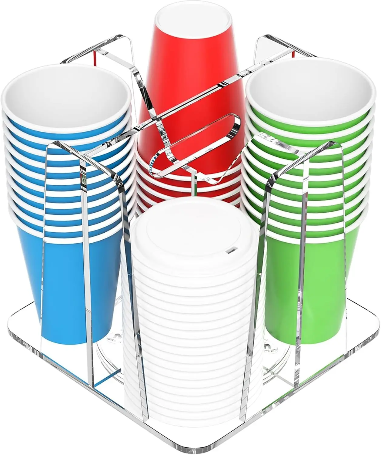 Coffee Cup Holder for Countertop - 4 Compartments Clear Rotating Disposable Cup Organizer Plastic Cup Storage Lid Carousel Coffee Bar Accesories for Restaurant Breakroom Kitchen Cabinet