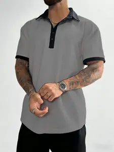 Men's Summer Casual Loose Fit Short Sleeve T-Shirt, Colorblock Collar Polo Shirt, High-End Style, Comfortable and Stylish