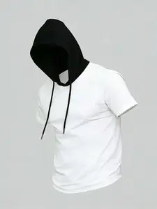 Men's Slim Fit Short Sleeve Hoodie - Black & White Contrast Color Block Hooded T-Shirt with Drawstring, Lightweight Breathable Streetwear Sweatshirt for Gym Workout & Summer Casual Daily Wear