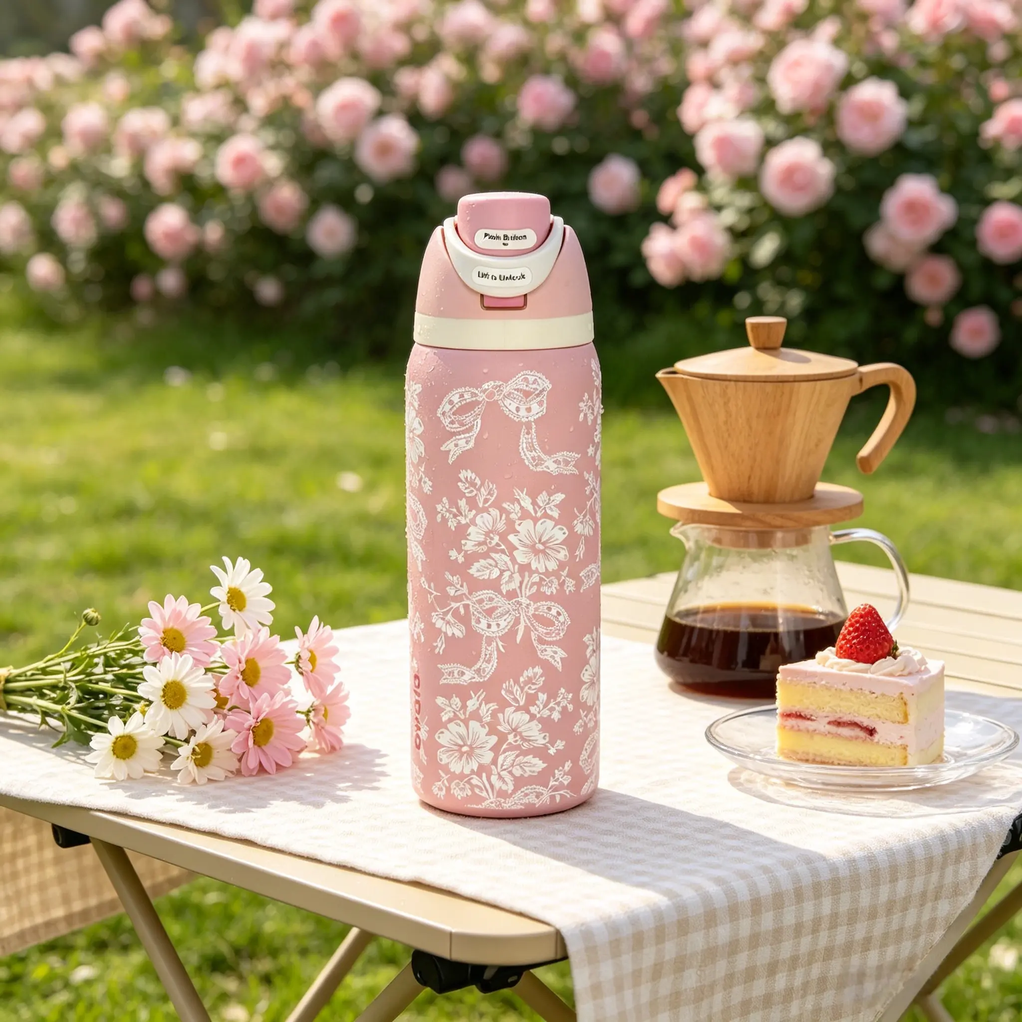 Owala 32oz Pink White Floral Bow Print Insulated Water Bottle, 24 Hours Cold Retention Leak Proof Stainless Steel FreeSip Bottle, Portable Sports Travel Cup For Gym Office Outdoor