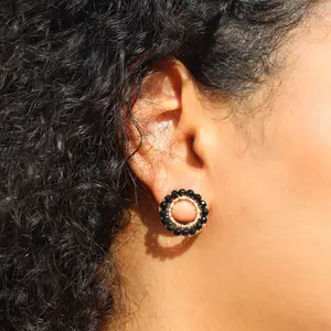 Crochet circular black small earrings - Handmade gold and black stud earrings